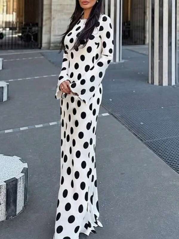 Casual Polka Dot Dress Women's Slim O-Neck Full Sleeve High-Waisted Floor-Length Dresses 2025 Spring Summer New Fashion Robes