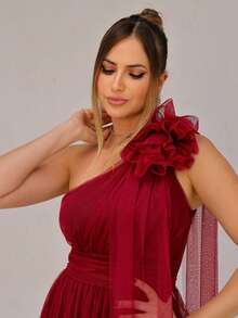 Long One-Shoulder Dress With Glittery Flower - Redwood - View 4