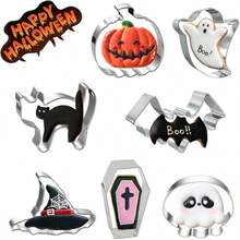 万圣节饼干模具套装 - 7/12 件不锈钢金属南瓜、鬼魂、蝙蝠、猫、女巫帽、棺材、骷髅饼干模具 - 銀色 - 查看 10