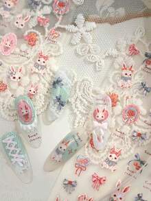 Beautizon Nailartlab 1张可爱兔子美甲贴纸，玫瑰花蝴蝶结图案，蕾丝樱桃兔3D立体浮雕闪亮美甲贴，易于粘贴的自粘圣诞美甲饰品，可爱兔子3D美甲贴纸 - 彩色 - 查看 4