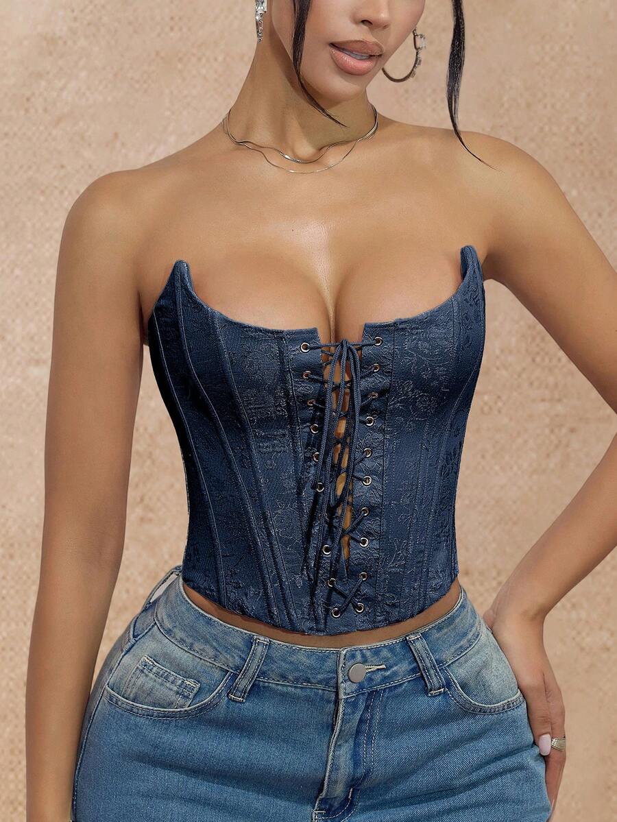 Apperloth 性感系带露脐抹胸上衣，花卉刺绣，金属孔眼，不对称设计，钢骨塑形露脐上衣，万圣节女装 - 藏蓝色 - 查看 1
