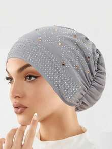 1pc Fashionable Crystal Embellished Linen Headscarf/Hijab Cap For Women, Muslim Underscarf Headwear