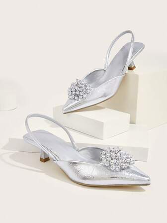 Women's High Heel Shoes, New Spring/Summer Pointed Toe Sandals, Elegant Faux Pearl Decor Ladies' Kitten Heel, Thin Strap Mule Slip-On Flats, Commuting & Casual Comfortable Low Heel