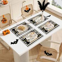4 piezas Manteles individuales de lino con estampado de fantasma a rayas y gatito para Halloween - Manteles rectangulares de lino tejido para decoración de comedor, cocina, mesa de café y mesa de comedor - Multicolor - Ver 9