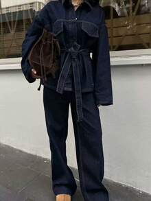 DEEKA 春秋新款女装时尚休闲复古收腰翻领牛仔夹克 - 藍色 - 查看 7