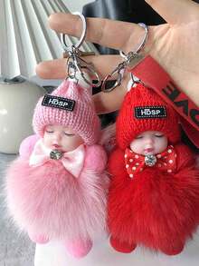 1个卡通钥匙扣，人造毛皮材质，圆形金属设计，女士装饰钥匙圈，带扣，适合装饰包包和车钥匙，情人节完美礼物，单包装