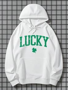 MEN's St. Patrick's Day Lucky Shamrock Hoodie - Green & White Varsity Lettering With Four-Leaf Clover Print, Relaxed Fit Pullover, Cozy Long Sleeve Sweatshirt For Irish-Themed Outfits & Casual Winter Wear,Fall Hoodies,Men's Fall Clothes,Street Wear,Halloween,Mens Hoodies,Y2k Clothes,Jesus Hoodie,Thanksgiving Day,Nightmare Before Christmas,Christmas - White - View 1