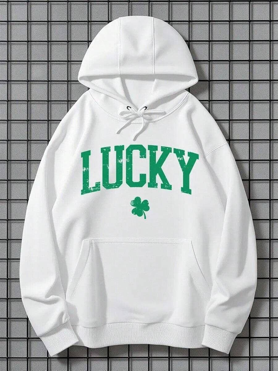 MEN's St. Patrick's Day Lucky Shamrock Hoodie - Green & White Varsity Lettering With Four-Leaf Clover Print, Relaxed Fit Pullover, Cozy Long Sleeve Sweatshirt For Irish-Themed Outfits & Casual Winter Wear,Fall Hoodies,Men's Fall Clothes,Street Wear,Halloween,Mens Hoodies,Y2k Clothes,Jesus Hoodie,Thanksgiving Day,Nightmare Before Christmas,Christmas - White - View 1