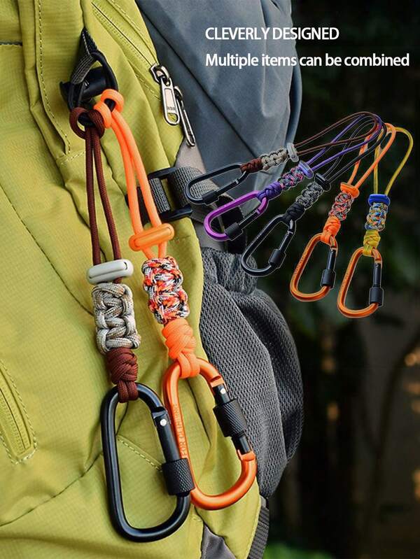 1 Stück strapazierfähiger geflochtener Schlüsselanhänger mit Fallschutzband und Wasserflaschenhaken - ausgestattet mit Bergsteigerkarabinern und verstellbarem Clip, multifunktionales Outdoor-Camping-Zubehör, Hängeseil für Wanderrucksack, tragbarer Halter für Wasserflasche, geeignet für Wandern, Camping, Radfahren, Bergsteigen, Strand