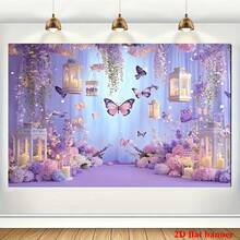 Fondo de fotografía rectangular de estilo bohemio con mariposas, de material de poliéster, con fondo morado, adecuado para cumpleaños y bodas