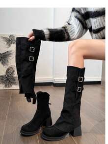 女士时尚双排扣侧扣方跟圆头踝靴，百搭修身，适合春秋季节