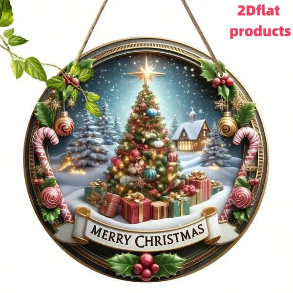 2D Flat, 1pc Vintage Christmas Tree Logo, Round Wooden Plaque, Suitable For Garden, Yard, Bar, Cafe, Porch Decor, Halloween, Thanksgiving And Christmas Holiday Decor, 2D Flat