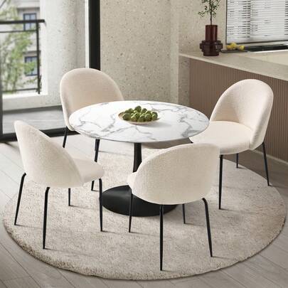 SUN YEE 4-Seater Dining Table And Chairs Set, 90cm Round Table With Curved Edges, Sherpa Dining Chairs With Cushioned Backrest, Kitchen Furniture For Living Room, White & Black