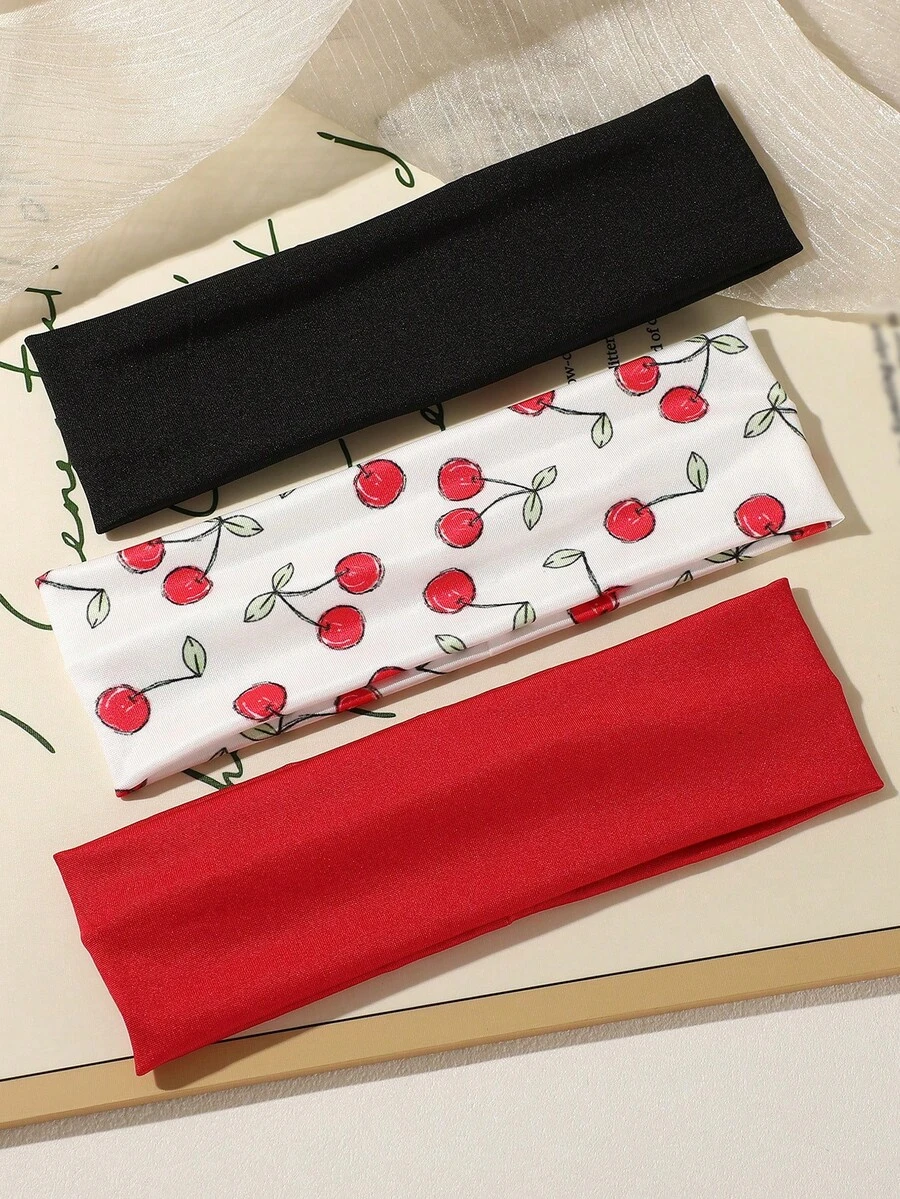 Bộ 3 băng đô in hình quả anh đào dễ thương và màu trơn dành cho nữ, đa năng cho sinh hoạt hàng ngày, khiêu vũ đường phố, du lịch ngoài trời, phụ kiện thời trang, khăn bandana mùa đông, phụ kiện tóc nữ, băng đô cài tóc thanh lịch - Nhiều màu - Xem 1