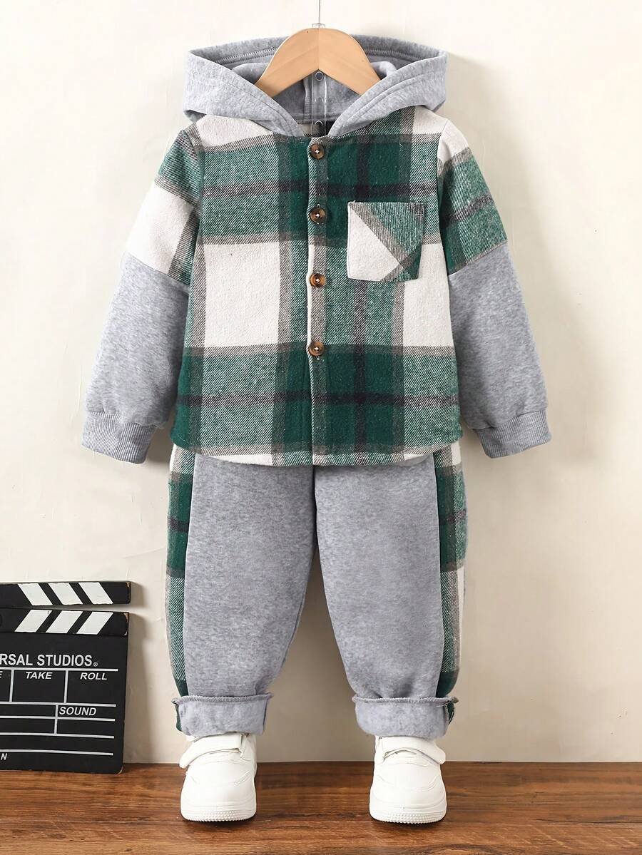 2 件套男童休闲装，格子拼布单排扣口袋连帽夹克 + 宽松长裤，加厚男童秋冬套装