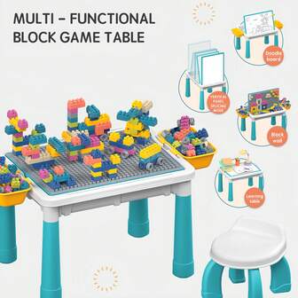 1 件儿童多功能积木书桌套装，包含教学建筑指南，是送给孩子的益智玩具礼物，适合万圣节、圣诞节，有助于培养感官、手眼协调能力、动手能力、视觉和认知能力