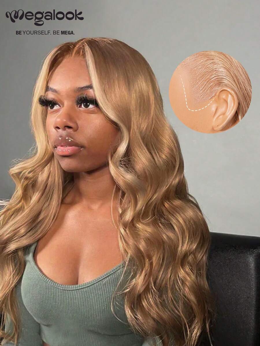 MEGALOOK 升级版 13x6 三合一蕾丝前假发，奶茶棕渐变波浪卷发，带抽绳，100% 真人发丝，18-26 英寸 - 预先拔毛修剪，耳到耳蕾丝，透明蕾丝前假发，易于佩戴 - 轻盈可调节透气帽，柔软弹力，全天舒适