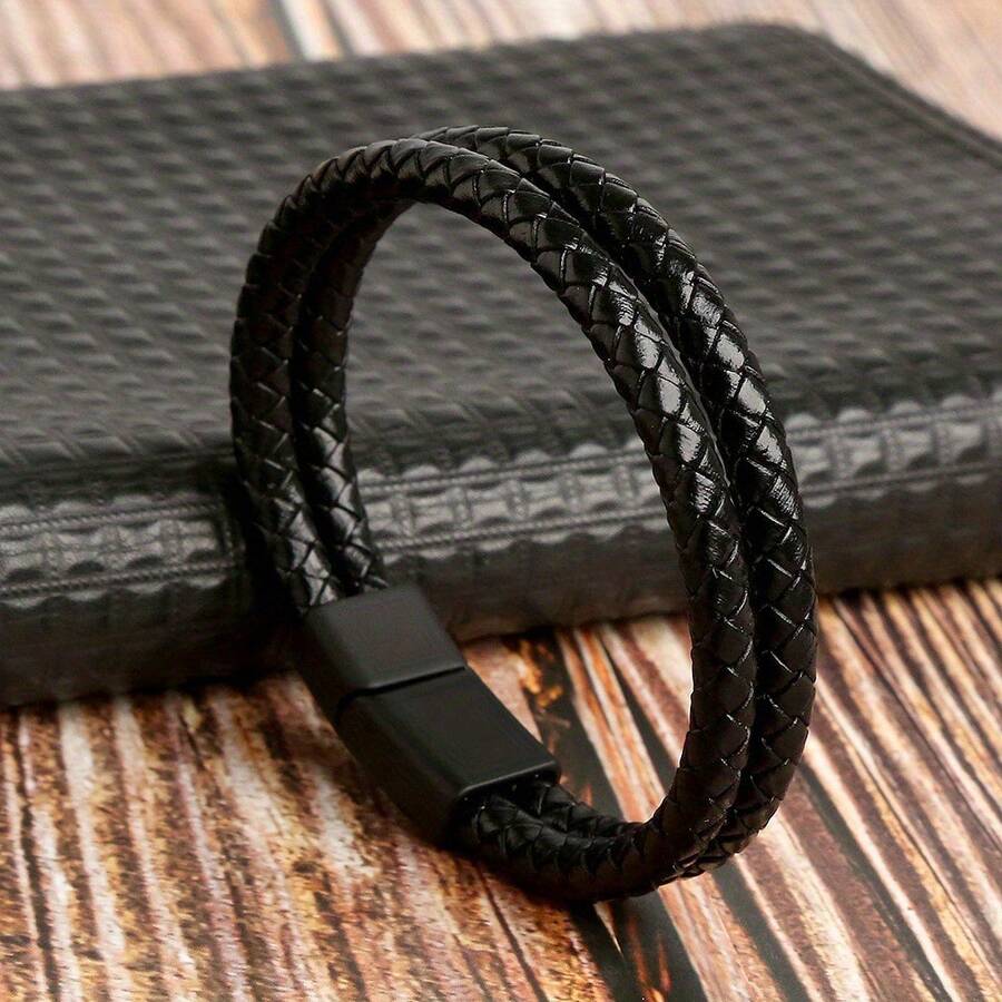 1pc Braided Leather Men's Bracelet, Elegant Black & Brown, Suitable For Holiday Party Gift