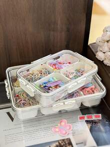 1pc White Luxury Children's Hair Accessory Storage Box, Girls Hair Accessory Box, Large Capacity Kids Hair Accessory Storage Box, With Handle Double Layer Storage Box, One-Click Storage For Hair Clips, Hair Ties, Scrunchies - Multicolor - View 3