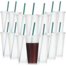 30/20/10 Pack Fashionable Plastic Cup With Lids And Green Straws-24oz Reusable Plastic Cup, Portable And Watertight, Suitable Party And Outdoor Entertainment Fit Adults, Women, Party, Halloween Gifts Summer Beaches, Weddings, Offices, Picnics, Take Photos - 透明+墨綠吸管 - 查看 2