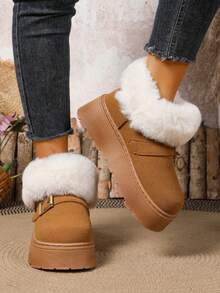 秋冬季绒面带保暖内衬雪地靴，居家/沙滩两用，毛绒靴 - 駝色 - 查看 3