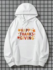 Happy Thanksgiving Day Print Hoodie - Long Sleeve, Knit Fabric, Relaxed Fit, Full Size, Fashionable Graphic Print, Perfect For Casual Outings And Daily Wear, Black White Red Grey Navy,Fall Hoodies,Men's Fall Clothes,Street Wear,Halloween,Mens Hoodies,Y2k Clothes,Jesus Hoodie,Thanksgiving Day,Nightmare Before Christmas,Christmas - 白色 - 查看 1