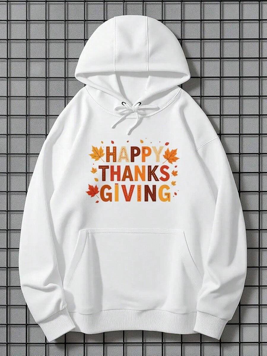 Happy Thanksgiving Day Print Hoodie - Long Sleeve, Knit Fabric, Relaxed Fit, Full Size, Fashionable Graphic Print, Perfect For Casual Outings And Daily Wear, Black White Red Grey Navy,Fall Hoodies,Men's Fall Clothes,Street Wear,Halloween,Mens Hoodies,Y2k Clothes,Jesus Hoodie,Thanksgiving Day,Nightmare Before Christmas,Christmas - 白色 - 查看 1