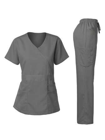 Women's Elastic Soft Y-Neck Top And Straight Leg Multi-Pocket Functional Pants Uniform Nursing Set