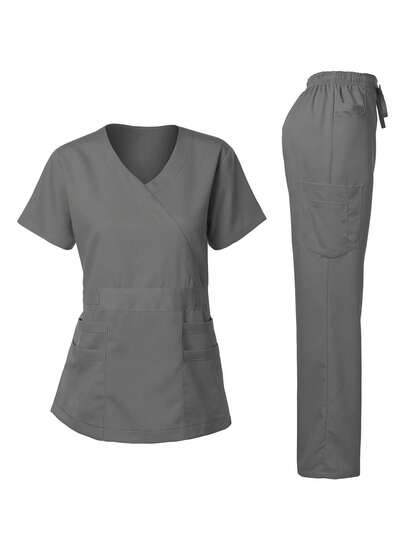Conjunto de Uniforme de Enfermagem com Top Elástico e Macio de Decote em Y e Calça Reta Funcional com Múltiplos Bolsos para Mulheres