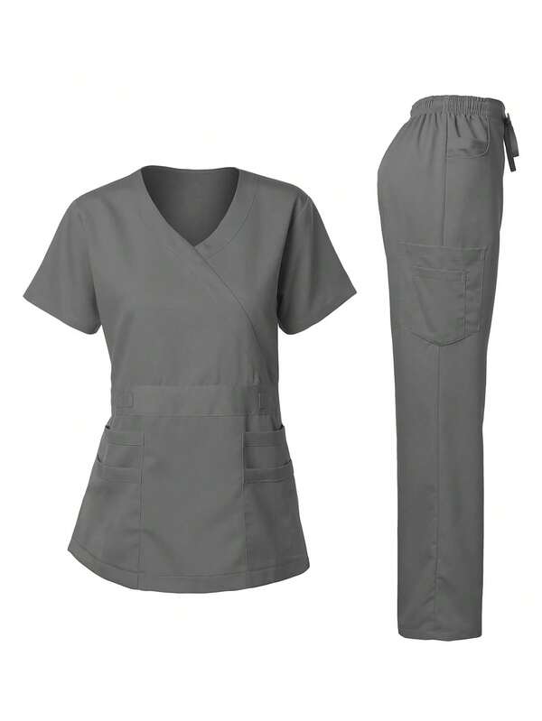 Women's Elastic Soft Y-Neck Top And Straight Leg Multi-Pocket Functional Pants Uniform Nursing Set