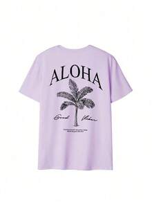 Women's Spring/Summer New Palm Tree Slogan Print Casual Round Neck Short Sleeve T-Shirt, Fashionable Resort Style, Your Daily Essential Item. Graphic Tee, Pink Top, Resort2026 - 紫色 - 查看 3