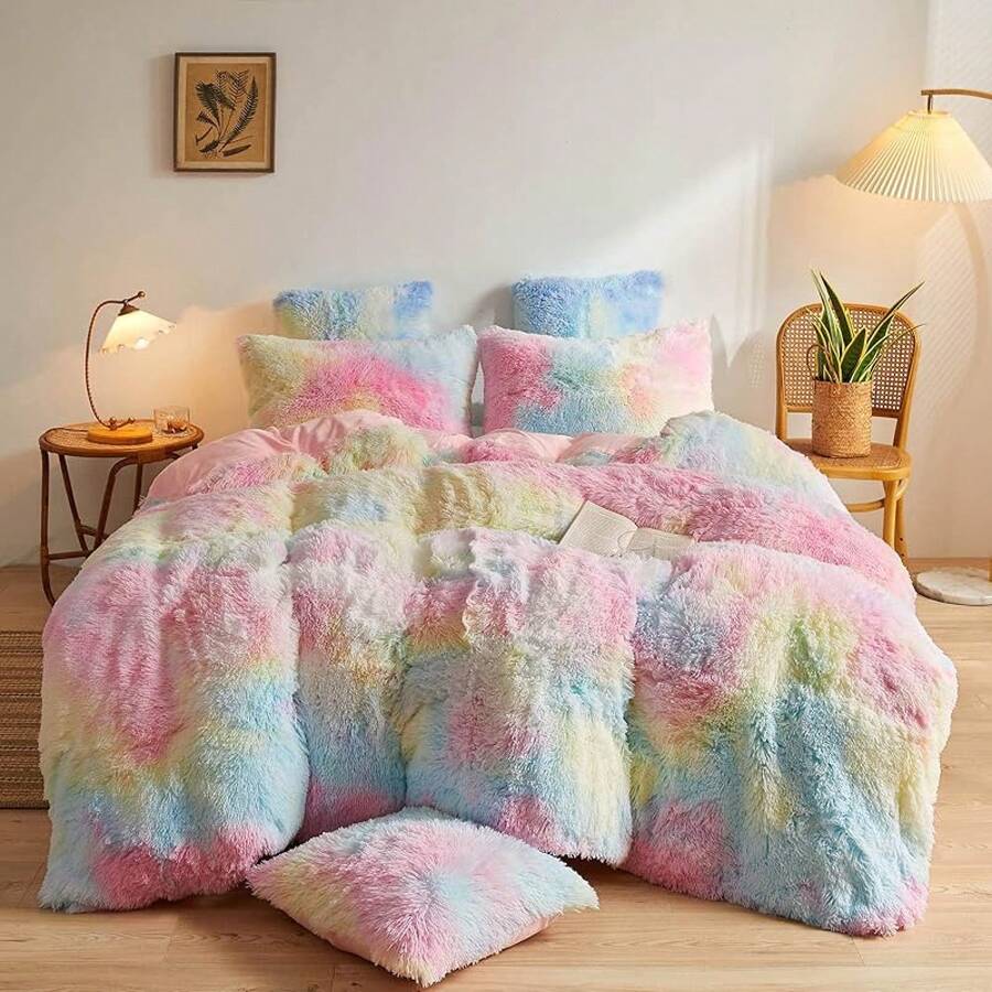 Plush Shaggy Duvet Cover Set, Ultra Soft Fluffy Bedding Sets 3 Pieces (1 Fuzzy Comforter Cover + 2 Pillow Cases), Zipper Close (, Pink), Luxury Bedding - Rainbow - 查看 1