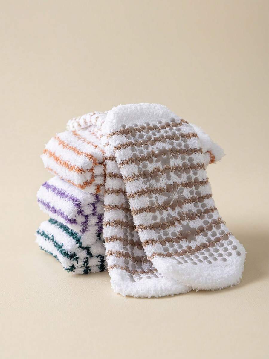 5 Pairs Of New Autumn And Winter Coral Fleece Socks, Non-Pilling, Warm Color Stripes, Anti-Slip Silicone, Thickened Floor Socks, Sleeping Socks
