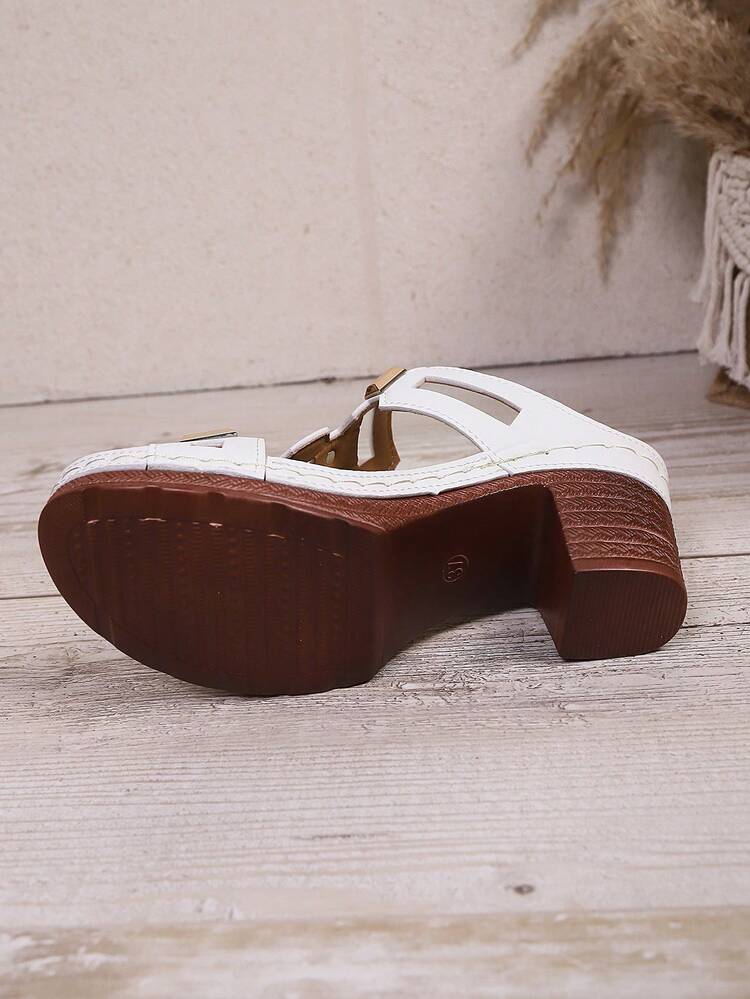 1 Pair Women's Fashionable Retro High Heel Sandals, Geometric Pattern Bohemian Vintage Chic PU Leather Rivet Decor High Heel Sandals, Suitable For Wedding, Party, Vacation, Summer And Other Occasions,Wedge Heels - Beige - View 7