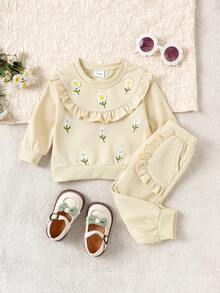 Bộ 2 áo dài tay họa tiết hoa dễ thương màu mơ cho bé gái + quần dài, mùa thu/đông - Màu be - Xem 1