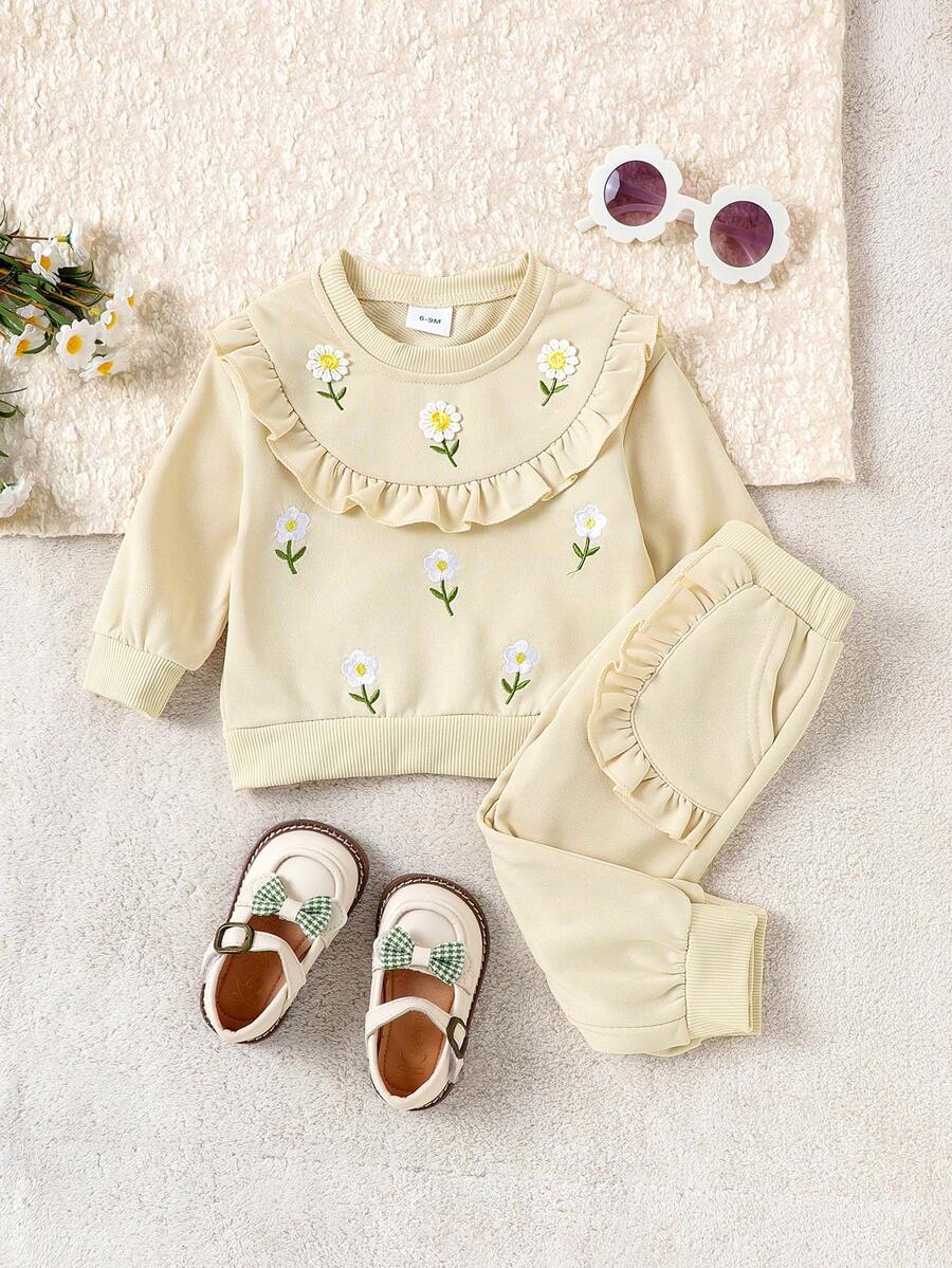 Bộ 2 áo dài tay họa tiết hoa dễ thương màu mơ cho bé gái + quần dài, mùa thu/đông - Màu be - Xem 1