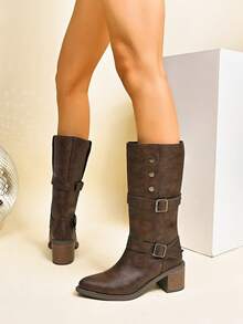 Women's Fashion Boots, High Heel Chunky Heel Boots, Solid Color Western Style Buckle Rivet Decor Women's Mid-Calf Boots, Sexy Pointed Toe, Suitable For Holidays
