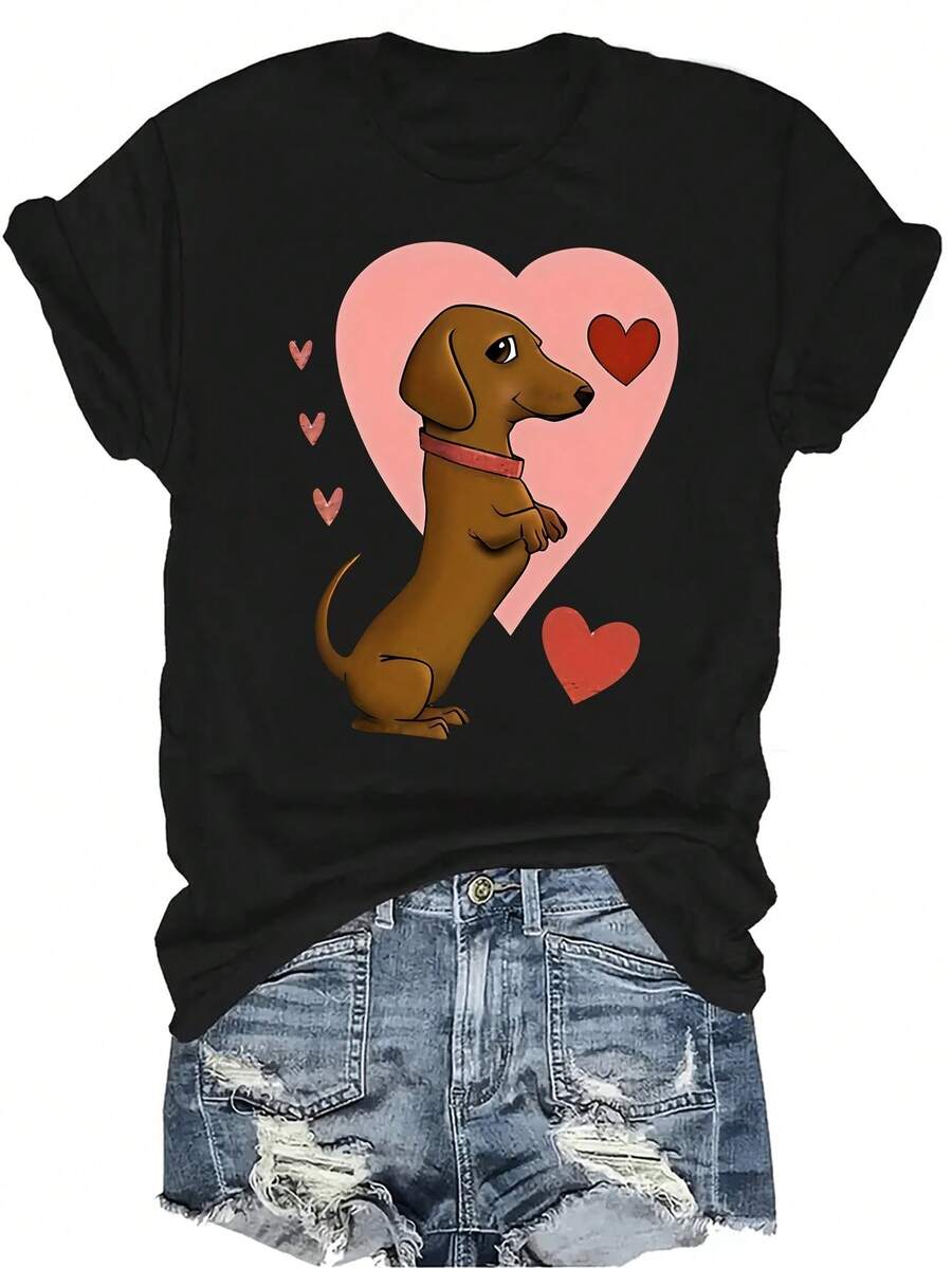 [Camiseta de moda casual] Camiseta suave y cómoda para mujer - Corazones de amor Dachshund Casual de manga corta y cuello redondo, regalo perfecto para la abuela y la mamá, uso casual de primavera y verano - Negro - Ver 1