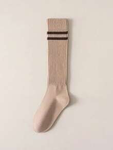 1 Pair Women's Striped Mid-Calf Socks, Retro Style Ribbed Socks, Warm Long Socks For Autumn/Winter, Multi-Color Versatile Knit Socks - Multicolor - View 8