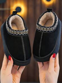 儿童一脚蹬拖鞋，2025秋冬新款，幼儿/小童/大童，室内/室外，毛茸茸，拼布，简约，软底，舒适 - 黑色 - 查看 2