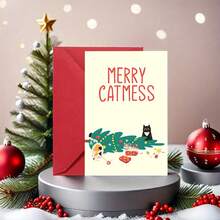 1pc Elegant Christmas Greeting Cards With Adorable Cat & Tree Design - Festive Holiday Party Invitations, Thank You Notes, And Blessing Cards For Friends, Includes Envelopes, Perfect For Christmas Gifts, Christmas Greeting Cards