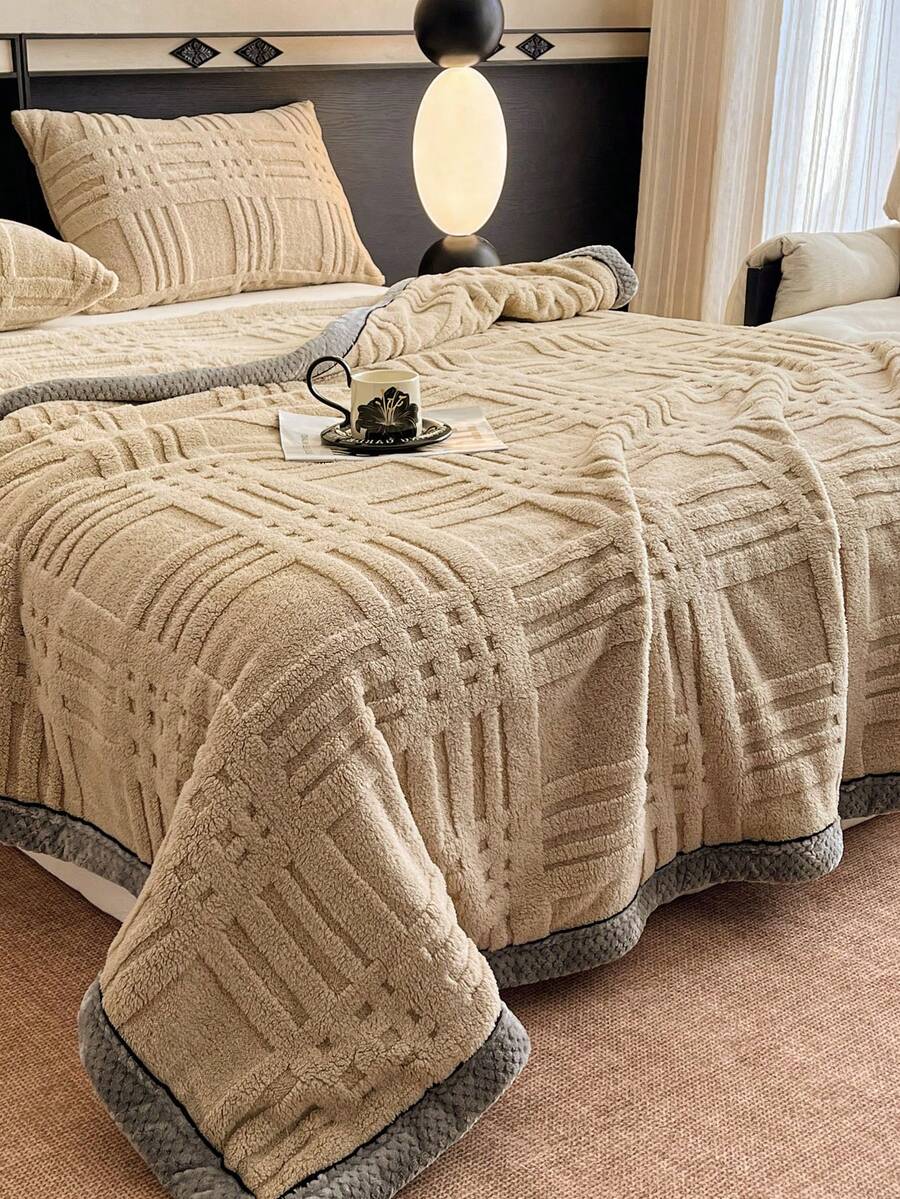 1 chiếc chăn nhung dày ấm áp viền jacquard kẻ caro, mềm mại và thân thiện với làn da, nhiều kích cỡ và đa năng cho văn phòng, phòng khách, phòng ngủ - Màu nâu  Mocha - Xem 1