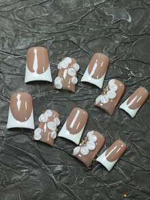 CrystalHola Unhas de Natal: 10 peças de unhas artificiais artesanais, curtas, em formato de bico de pato, estilo francês branco, entalhe tridimensional, cobertas com diamantes tridimensionais, conjunto de nail art, nail art, design de cobertura total, durável, essencial para festas, reuniões e shows, é a primeira escolha para dar presentes, unhas de Ano Novo, unhas de Halloween