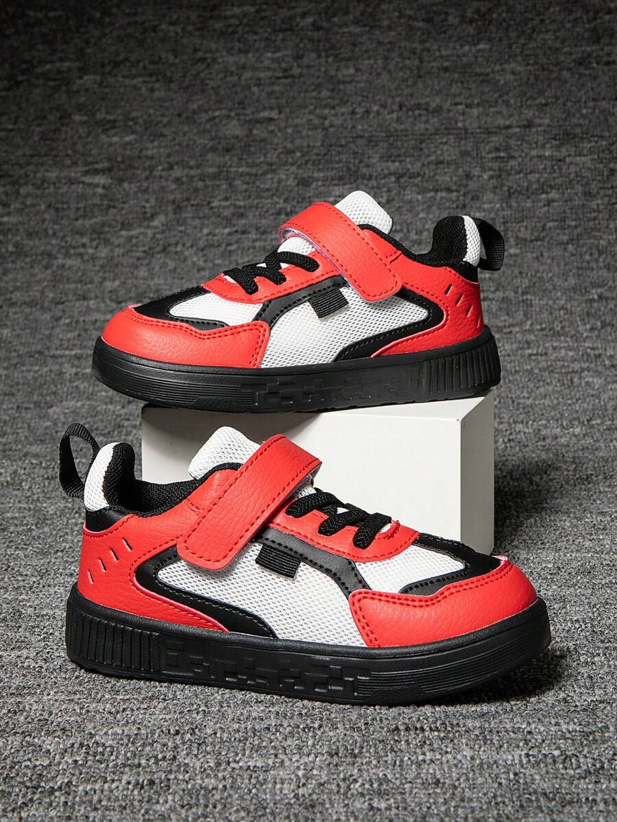 1 par de zapatillas casuales para niños, de tela y diseño, planas, transpirables, elásticas, suaves, ligeras, antideslizantes, con , adecuadas para correr, caminar, todo el año, primavera/otoño - negro rojo - Ver 1