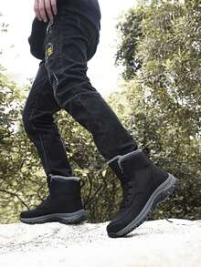 冬季户外运动男士徒步靴 - 真皮雪地靴 - 时尚大码高帮皮靴 - 休闲黑色橡胶鞋