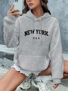 大码女式休闲连帽长袖卫衣，印有“NEW YORK”和“U.S.A”字样，适合春、夏、秋季穿着，也可作为万圣节外套或度假服装。 - 灰色 - 查看 8