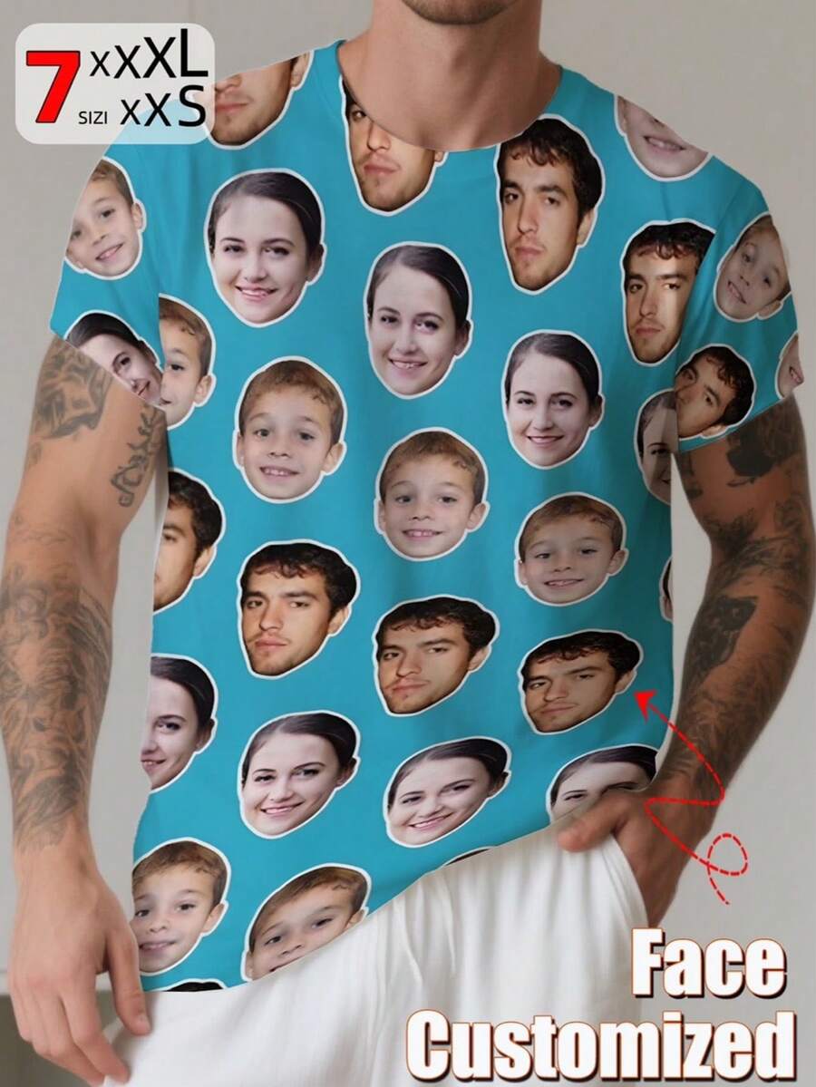 Customized Personalized Boyfriend Style Men's Loose Fit Short Sleeve T-Shirt, Can Print Your And Your Family's Photos, Designed Specially For Parties, Teams, Couples, Work Uniforms And Family Events - Blue - View 1