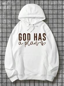 God Has A Plan Cotton Hoodie - Long Sleeve, Knit Fabric, Relaxed Fit, Full Size, Fashionable Graphic Print, Perfect For Casual Outings And Daily Wear,Fall Hoodies,Men's Fall Clothes,Street Wear,Halloween,Mens Hoodies,Y2k Clothes,Jesus Hoodie,Thanksgiving Day,Nightmare Before Christmas,Christmas - White - View 1