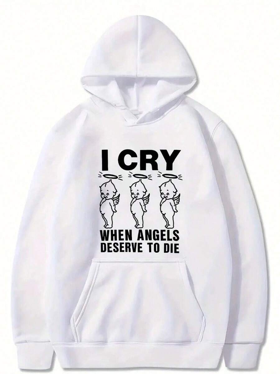 Men's Casual Graphic Hoodie With I Cry When Angels Deserve To Die Print - Loose Fit Machine Washable Pullover, Adjustable Drawstring Hood, Long Sleeve Streetwear For Autumn-Winter,Fall Hoodies,Men's Fall Clothes,Street Wear,Halloween,Mens Hoodies,Y2k Clothes,Jesus Hoodie,Thanksgiving Day,Nightmare Before Christmas,Christmas - 白色 - 查看 1