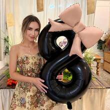 2pcs/Set 40-Inch Black Number Shaped Foil Balloons With Pink Matte Bow Decor, Suitable For Birthday Party, Wedding, Outdoor Event, Anniversary, Holiday, Thanksgiving, Harvest Season, Valentine's Day, Christmas, Party Celebration Atmosphere And Backdrop Decoration - Black - View 2